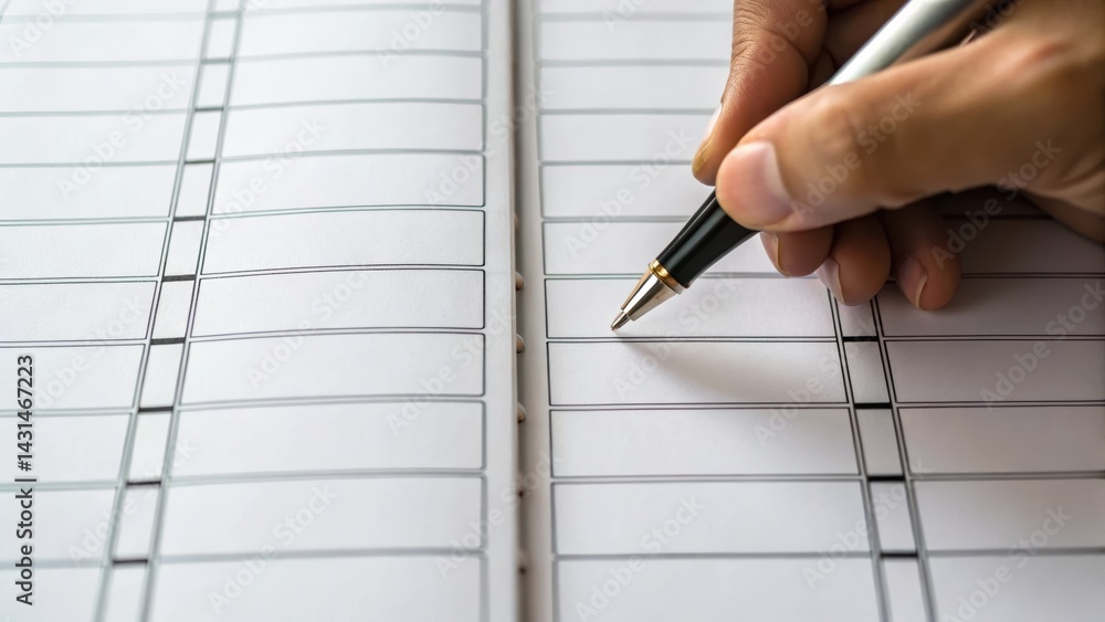 Poster a hand holding a pen writes in a blank notebook with lined pages, emphasizing focus and productivity