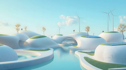 Innovative eco-friendly landscape featuring solar panels and wind turbines in a peaceful setting