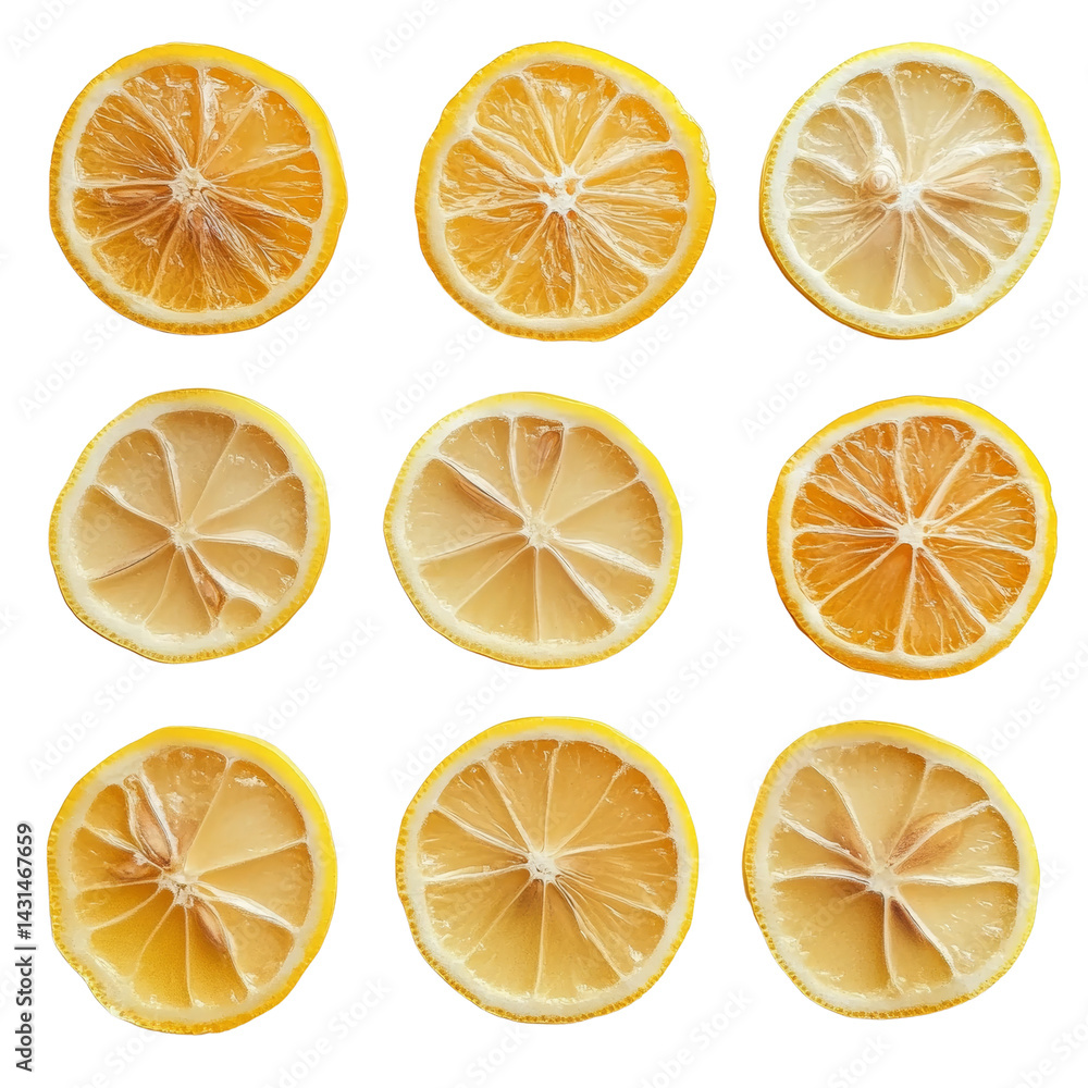 Poster Geometric display of dried lemon slices arranged against a striking, isolated transparent backdrop