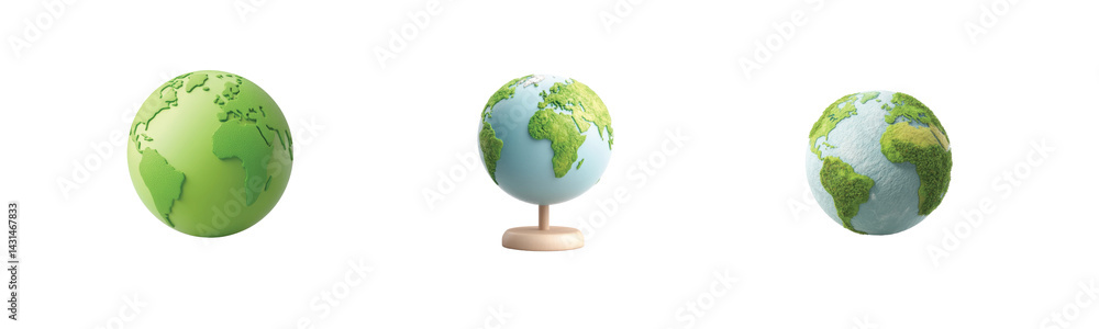 Poster different globes showing green and blue continents on various models and styles
