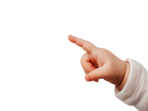Isolated image of a baby's hand pointing towards the top left corner on a transparent background