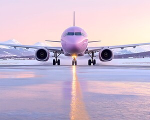 A pink passenger plane on a snowy runway at sunrise