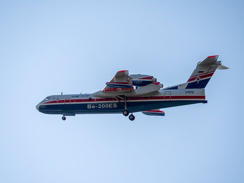 Moscow Russia Zhukovsky Airfield 31 August 2019: Demonstration flight of a jet multipurpose amphibious aircraft be-200 the international aerospace salon MAKS-2019