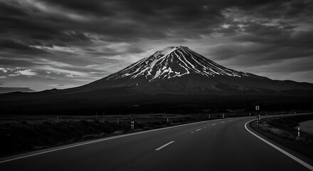 Fototapeta premium Dramatic black and white landscape photo of a majestic snow capped mountain with a winding road leading towards it. The sky is filled with dramatic clouds.