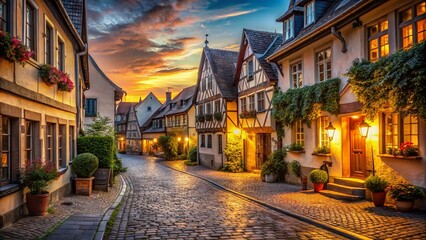 Fototapeta premium Charming Evening Town, Golden Hour Architecture, Historic Buildings, Cityscape at Dusk