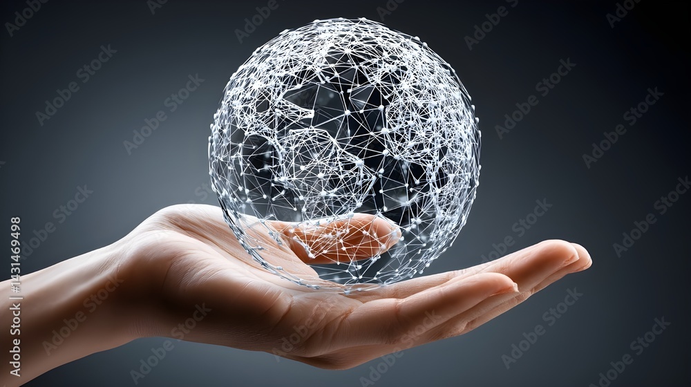 Poster hand holding glowing digital sphere with network connections and data nodes, futuristic technology c