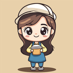 Barista girl mascot cute cartoon no details solid background bright