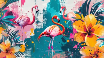 Flamingo birds on a vivid tropical pattern design, exuding exotic energy and funky summer vibes