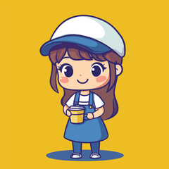 Barista girl mascot cute cartoon no details solid background bright