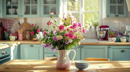 Fototapeta premium Floral-themed kitchen background with delicate spring touches and cozy elements