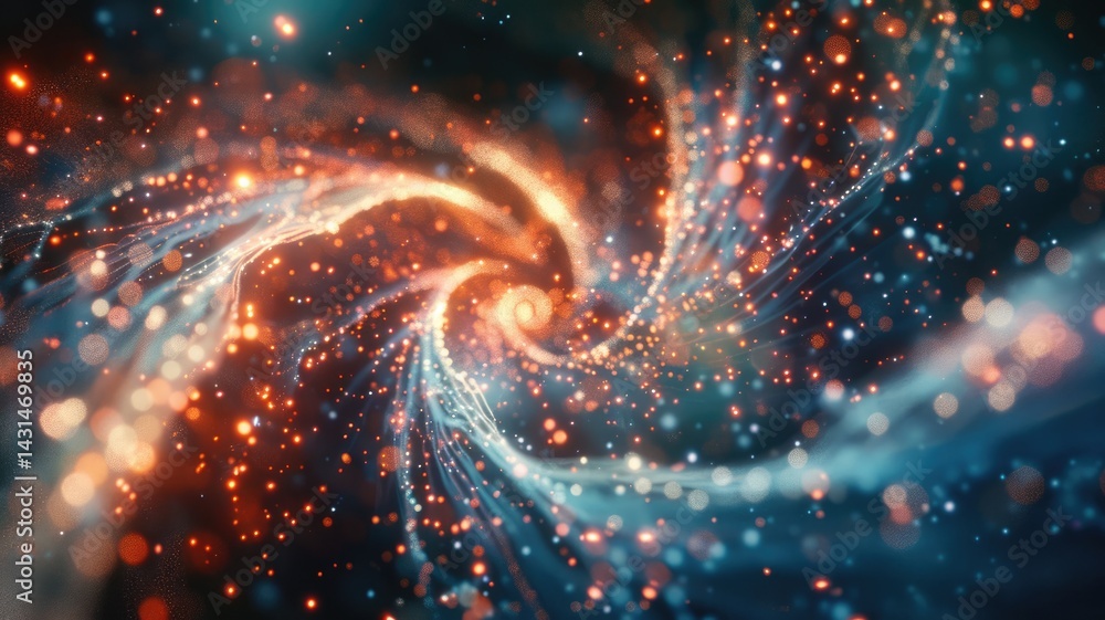Poster abstract galaxy with swirling blue and orange particles. digital artwork for design of cloud and smo