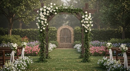 Fototapeta premium A wedding arch decorated with lush flowers is set on a green lawn among vineyards. A romantic wedding in nature, the elegance and beauty of a rural landscape.