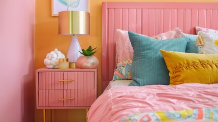 Pastel pink nightstand with golden lamp next to a cozy bed with colorful pillows