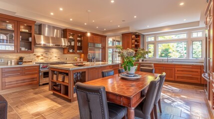 Stylish kitchen featuring wooden cabinetry, modern design, and a cozy dining area