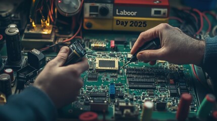 Obraz premium Hands soldering a circuit board in a workshop.
