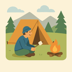 Fototapeta premium Happy camper roasting marshmallows in front of a tent and bonfire, enjoying a peaceful camping trip in nature