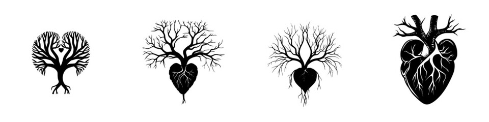 Vector illustration of black and white tree and heart icons representing nature and life interconnected