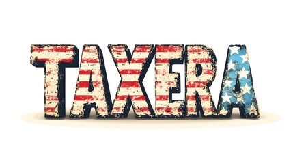 TAXERA vintage text with distressed USA flag texture on white background, patriotic retro typography for American tax concept, financial identity, political branding or economy-related design elements