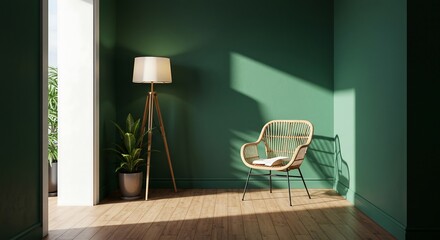 Stylish Green Room Interior: Rattan Chair, Lamp & Plant - Home Decor