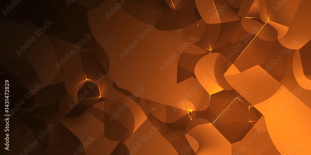 Poster abstract orange shapes with geometric patterns and glowing lines in a dark background