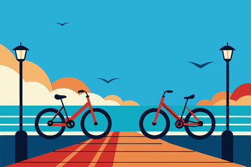 Fototapeta premium bicycles-parked-on-a-boardwalk-by-the-sea--.eps