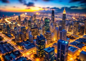 Fototapeta premium Chicago Night Aerial View: Tilt-Shift Satellite Cityscape - South Side Illumination