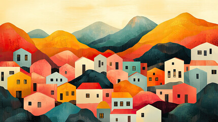 Scenic Village with Traditional Houses, Trees, and Rolling Hills in a Colorful Countryside Landscape.