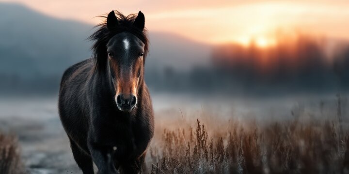 Majestic black horse standing in a misty field at sunrise with mountains in the background