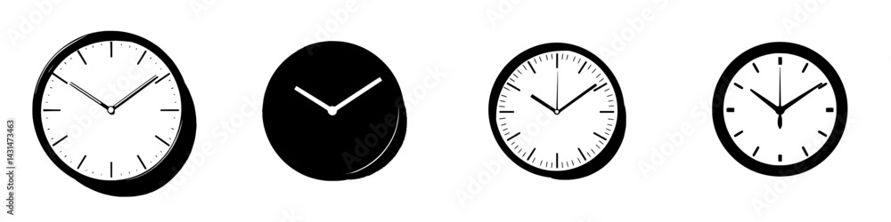 Poster vector illustration of various clock designs in black and white style for time-related concepts and 