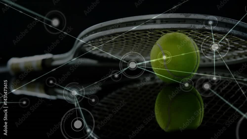Poster green tennis ball sitting on racket strings over glossy surface, showing digital network overlay