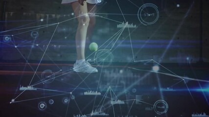 Female tennis player stepping forward swinging racket on court while sports analytics charts float - Powered by Adobe