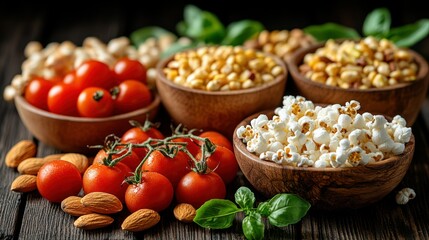 Healthy snacks in wooden bowls