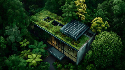 Aerial view of an eco-friendly house with a green roof, surrounded by lush forest, highlighting sustainable living and integration with nature