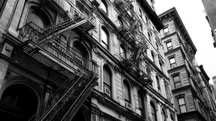 A black and white photo of a building with a fire escape. Generated using AI.