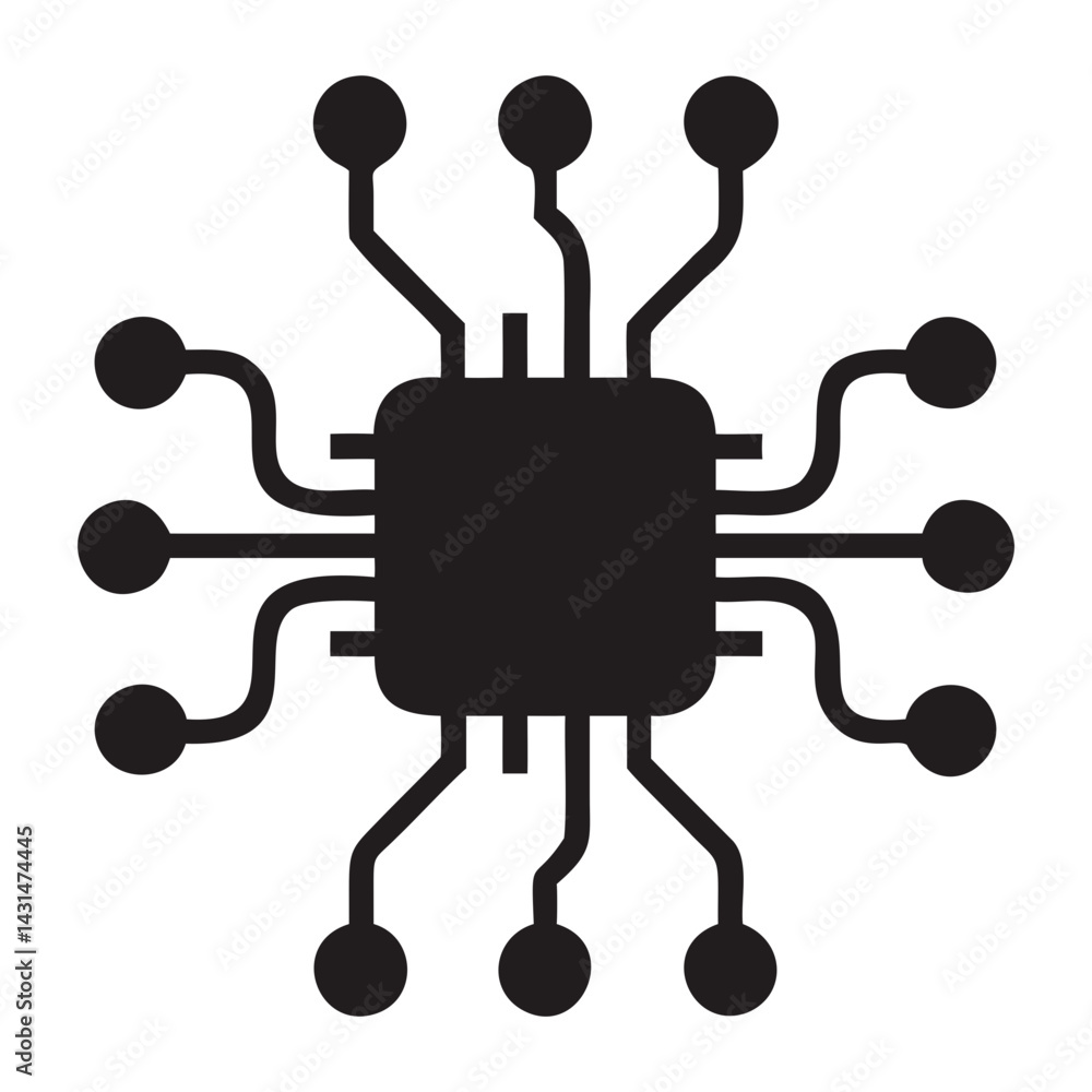 Poster modern flat-style technology icon featuring a microchip with digital circuits on transparent backgro