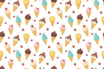 Cute seamless pattern with ice cream cone with different flavors, strawberry and cherry. Design for packaging, fabric, clothes, postcards. Vector illustration