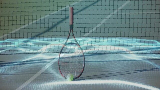 Technology scene showing tennis racket standing on hard court net line, digital waveforms streaming