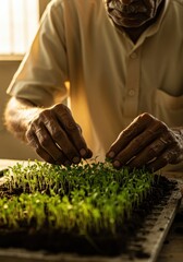 Elderly Hands Nurturing Sprouts by Window Light