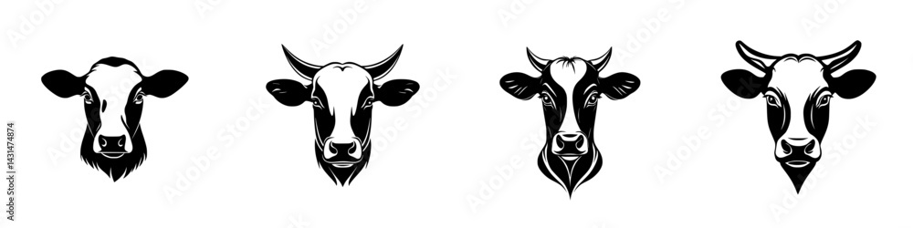 Poster unique vector illustration of four different cow head designs in black and white style for use in va