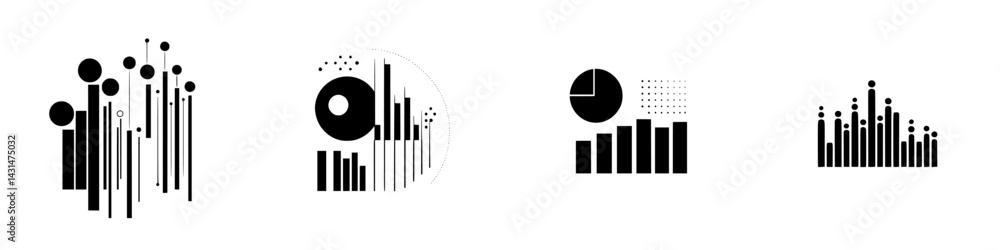 Poster black and white vector illustration icons representing data visualization elements for digital desig