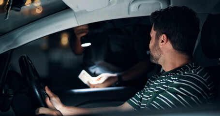 Man, officer and stop car for license of speeding, registration check and traffic warning. Person,...