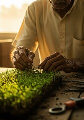 Elderly Hands Use Tweezers on Sprouts in Golden Light
