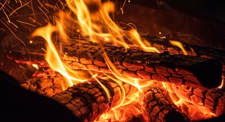 A bright flame engulfs the burning logs in the hearth, scattering sparks in the darkness. Warmth and comfort from an open fire, evening gatherings by the fire, a symbol of home and communication.
