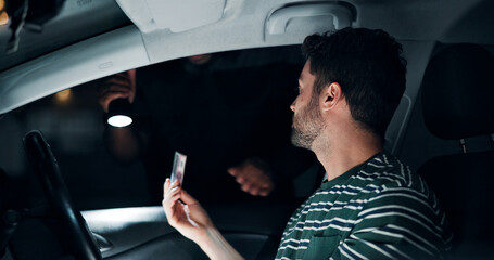 Man, police and stop car for law for licence, registration check and traffic warning. Person,...