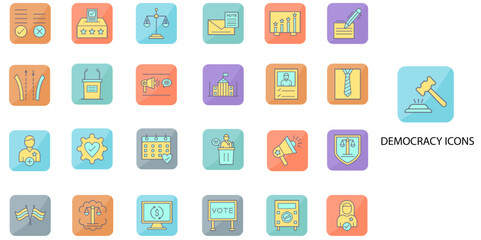 Democracy simple concept 24 color icons set. Contains such Political Science, Epistemology, Governance, Social, Religion, Truth, Economic, Politics .Vector illustration.