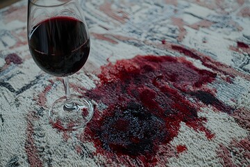 Red Wine Stain: A single glass of red wine sits precariously on a white tablecloth, a crimson stain spreading outwards like a somber reminder of a careless moment.