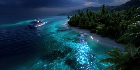 Serene evening on a tropical coast with a luxurious yacht sailing near a lush green landscape
