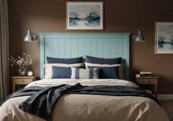 Bedroom interior with light blue headboard, bedside tables and artwork on the wall