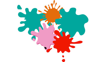 Five distinct paint splashes in teal, orange, pink, red, and green, arranged playfully.