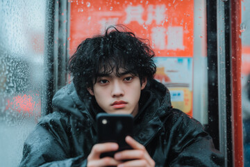 A young person with curly hair sits in a bus shelter, focused on their smartphone while rain droplets create a blurred background, capturing a moment of solitude in the city